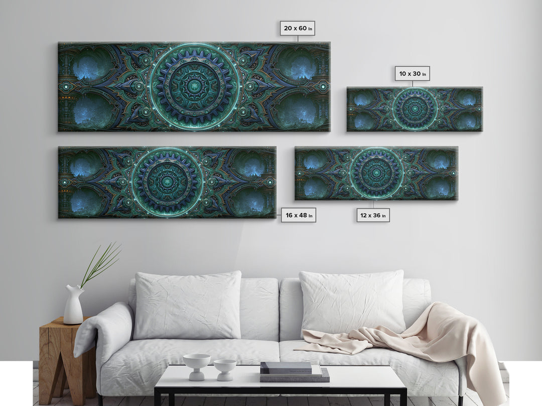 Cogwheel Mandala in Bronze and Teal Framed Canvas Print, Steampunk Art, Abstract Art Print, Living Room Decor, Watercolor Art, STE-3x1-32