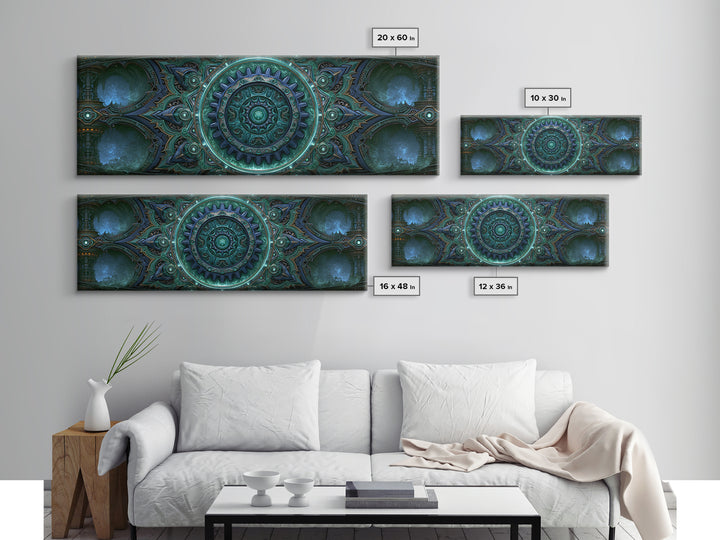 Cogwheel Mandala in Bronze and Teal Framed Canvas Print, Steampunk Art, Abstract Art Print, Living Room Decor, Watercolor Art, STE-3x1-32