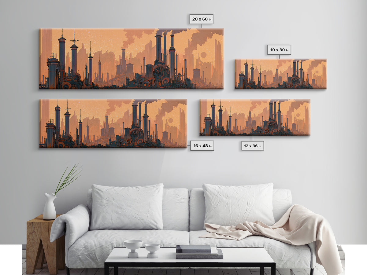 Steam Powered City Skyline Canvas Print, Steampunk Art, Dark Art, Living Room Decor, Abstract Art, Mechanic, Minimalist Decor, STE-3x1-61