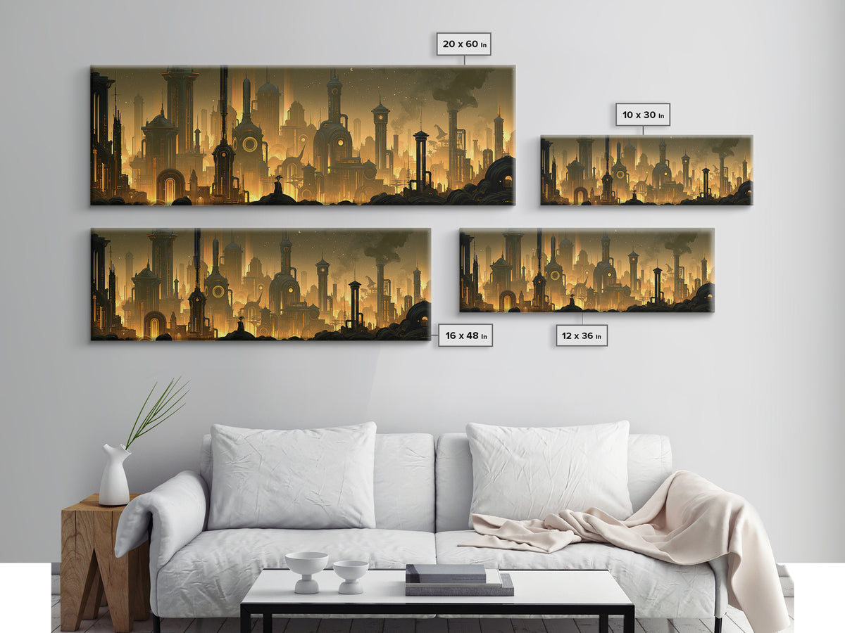 Steam Powered City Skyline Canvas Print, Steampunk Art, Dark Art, Living Room Decor, Abstract Art, Mechanic, Minimalist Decor, STE-3x1-85