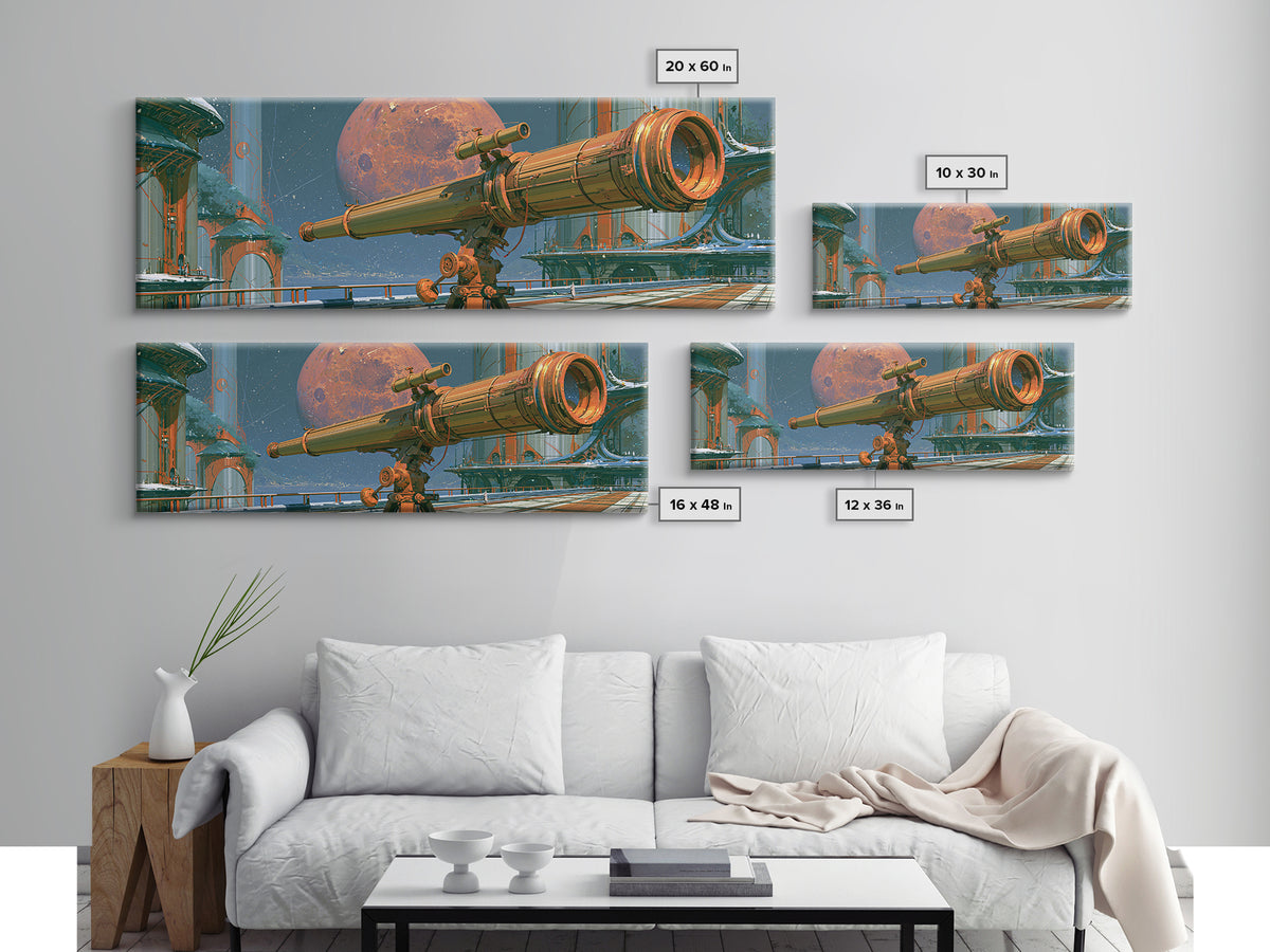 Brass Telescope Aimed at Copper Moon Canvas Print, Steampunk Art, Wall Art, Living Room Decor, Oil Painting, Mechanic, STE-3x1-88
