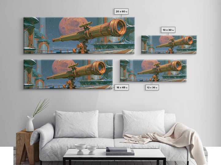 Brass Telescope Aimed at Copper Moon Canvas Print, Steampunk Art, Wall Art, Living Room Decor, Oil Painting, Mechanic, STE-3x1-88