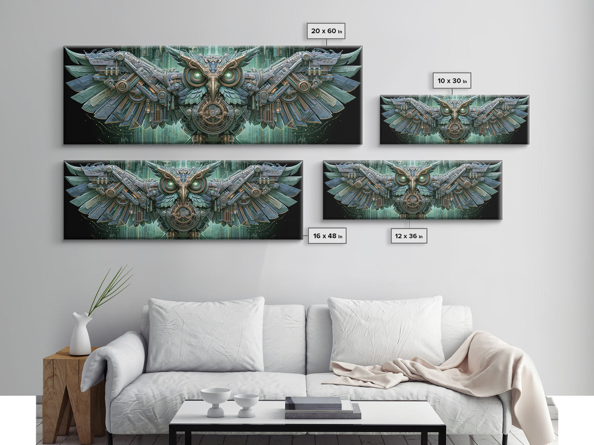 Brass Clockwork Owl Framed Canvas Print, Steampunk Art, Boho Decor, Living Room Decor, Oil Painting, Mechanic, Art Print, STE-3x1-89