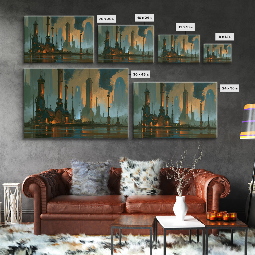 Steam Powered City Skyline Canvas Print, Steampunk Art, Wall Art Living Room, Living Room Decor, Abstract Art, Mechanic, STE-3x2-1