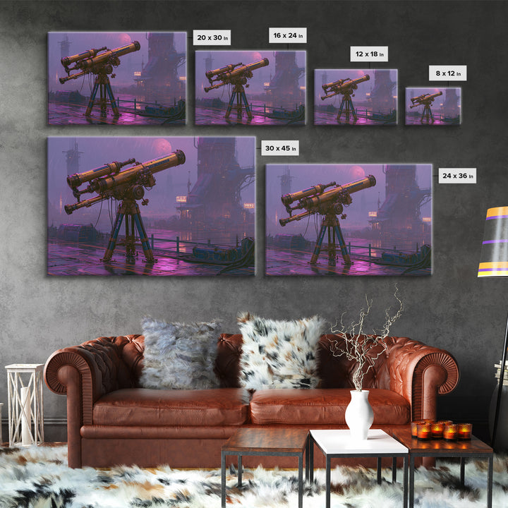 Brass Telescope Aimed at Copper Moon Framed Canvas Print, Steampunk Art, Wall Art, Living Room Decor, Oil Painting, Mechanic, STE-3x2-100