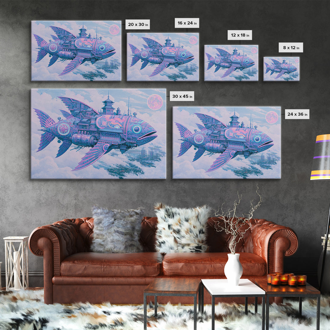 Mechanical Fish Swimming Through Clouds Framed Canvas Print, Steampunk Art, Art Nouveau, Living Room Decor, Fine Art, Mechanic, STE-3x2-2