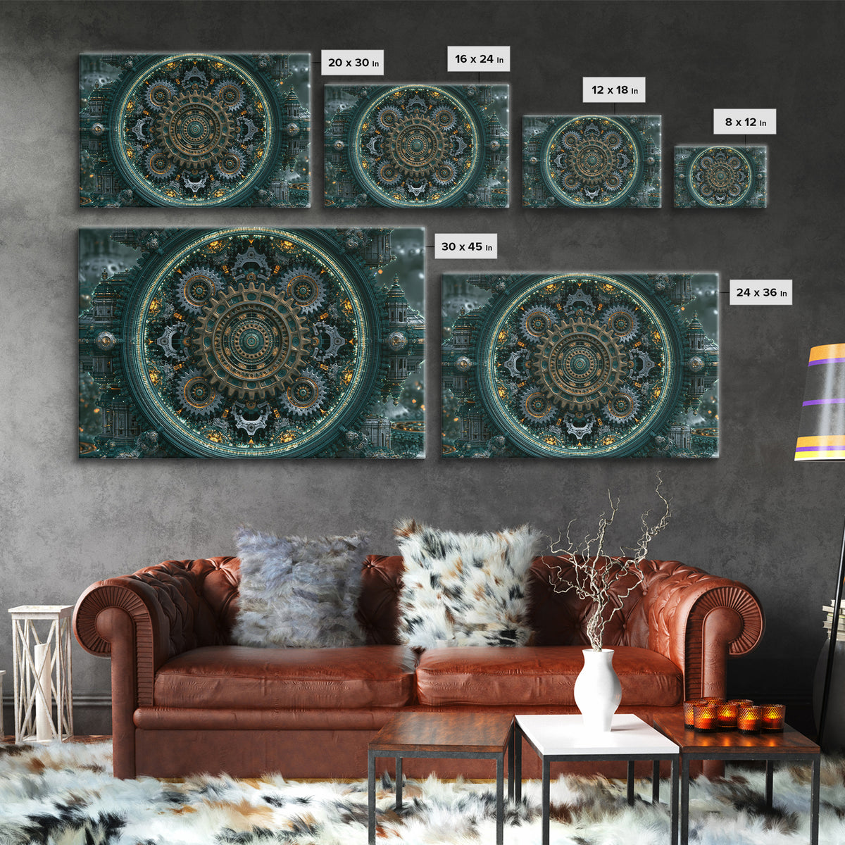 Cogwheel Mandala in Bronze and Teal Framed Canvas Print, Steampunk Art, Gothic Art, Living Room Decor, Fine Art, Mechanic, STE-3x2-20
