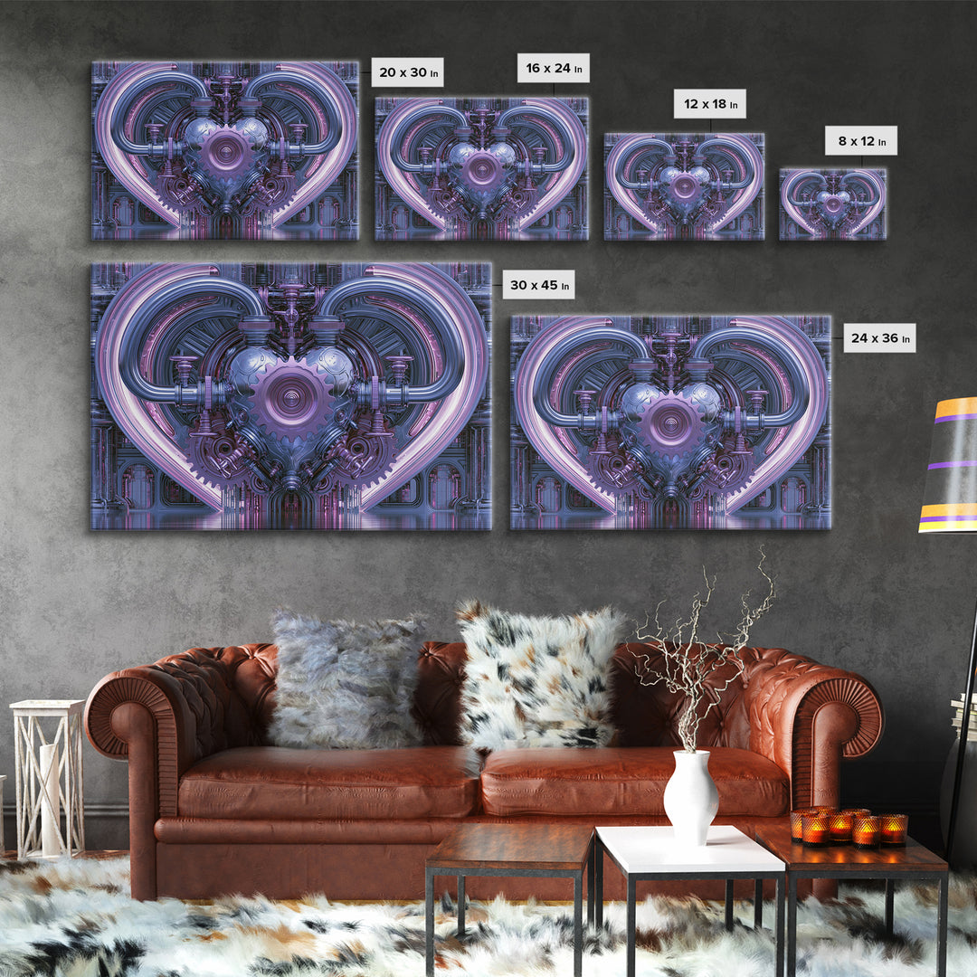 Gear Heart with Pipes and Valves Framed Canvas Print, Steampunk Art, Retro Decor, Living Room Decor, Fine Art, Mechanic, STE-3x2-24