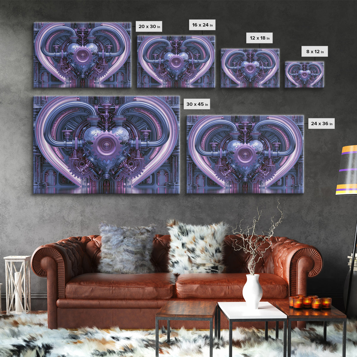 Gear Heart with Pipes and Valves Framed Canvas Print, Steampunk Art, Retro Decor, Living Room Decor, Fine Art, Mechanic, STE-3x2-24