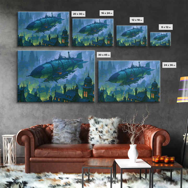 Airship Floating Above Victorian City Roofs Canvas Print, Steampunk Art, Modern Art, Living Room Decor, Fine Art, Mechanic, STE-3x2-30
