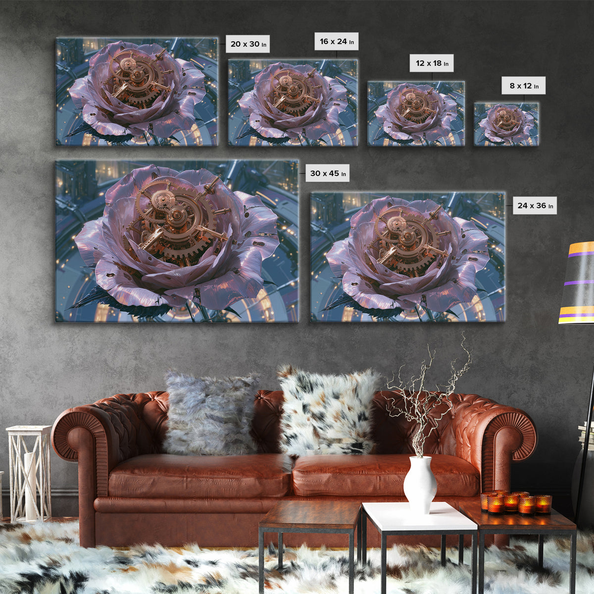 Mechanical Rose Made of Copper Gears Framed Canvas Print, Steampunk Art, Statement Artwork, Living Room Decor, Mechanic, STE-3x2-31