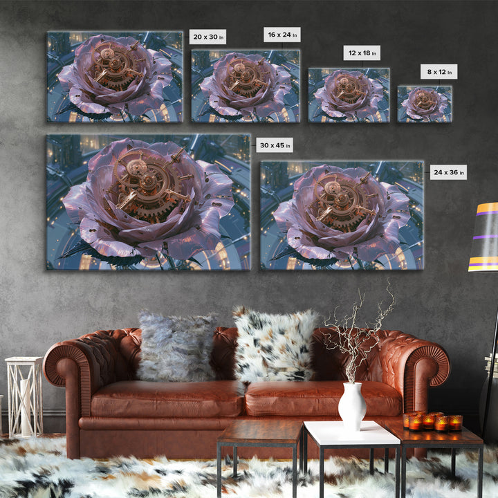 Mechanical Rose Made of Copper Gears Framed Canvas Print, Steampunk Art, Statement Artwork, Living Room Decor, Mechanic, STE-3x2-31