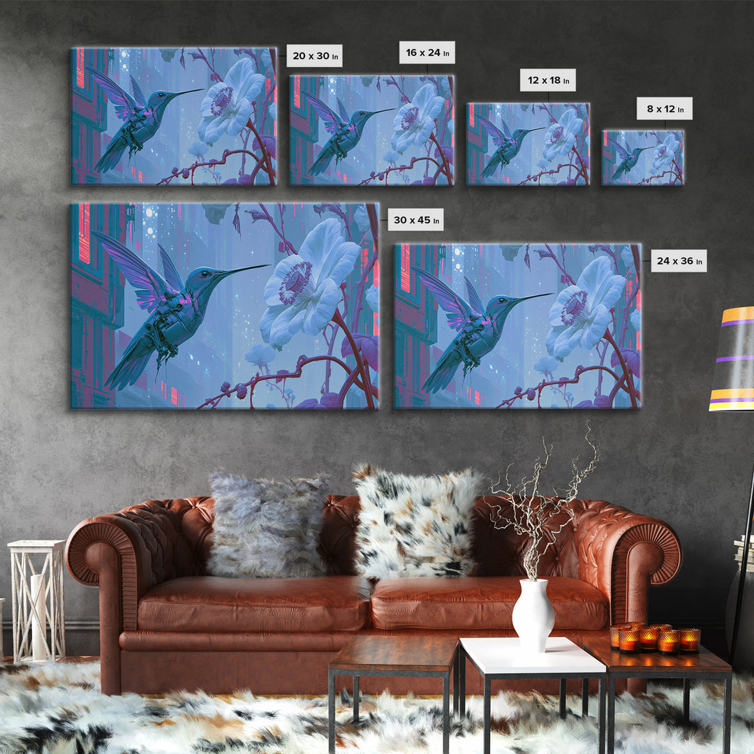 Mechanical Hummingbird Hovering Near Flower Canvas Print, Steampunk Art, Dark Art, Living Room Decor, Watercolor Art, Mechanic, STE-3x2-37