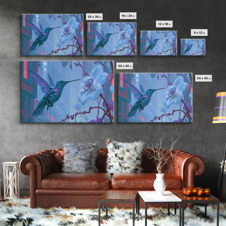Mechanical Hummingbird Hovering Near Flower Canvas Print, Steampunk Art, Dark Art, Living Room Decor, Watercolor Art, Mechanic, STE-3x2-37