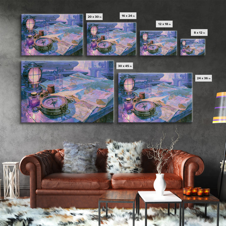 Airship Captain Map and Compass Still Life Canvas Print, Steampunk Art, Wall Art Living Room, Living Room Decor, Mechanic, STE-3x2-46