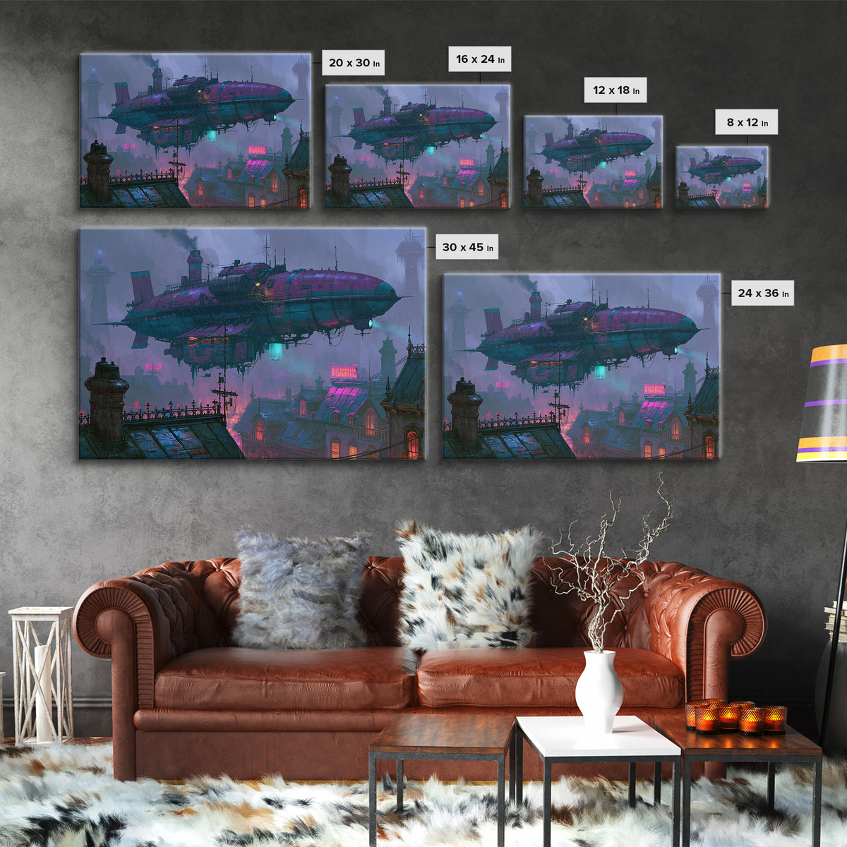 Airship Floating Above Victorian City Roofs Canvas Print, Steampunk Art, Modern Art, Living Room Decor, Fine Art, Mechanic, STE-3x2-54
