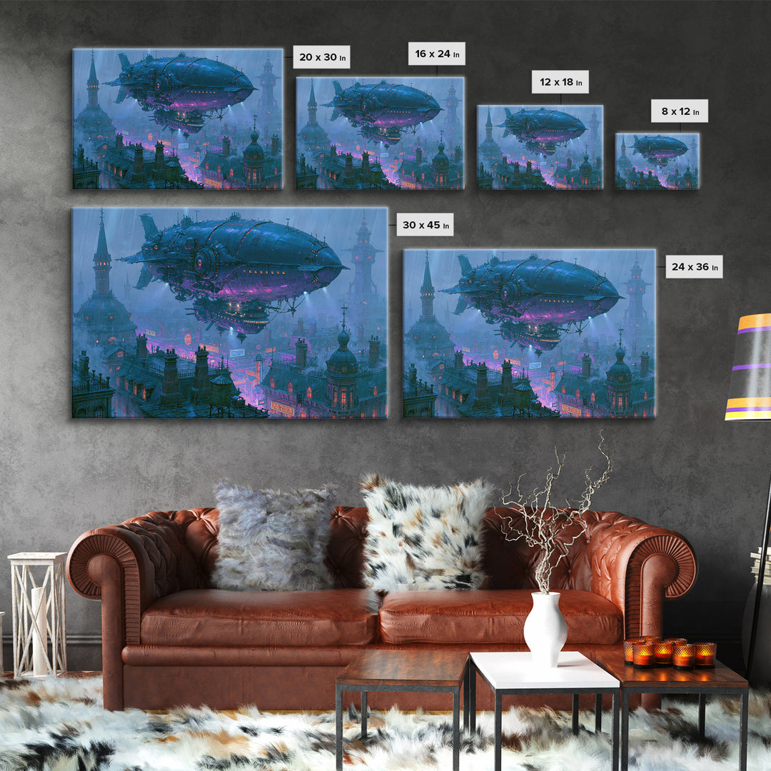 Airship Floating Above Victorian City Roofs Framed Canvas Print, Steampunk Art, Boho Wall Art, Living Room Decor, Mechanic, STE-3x2-6