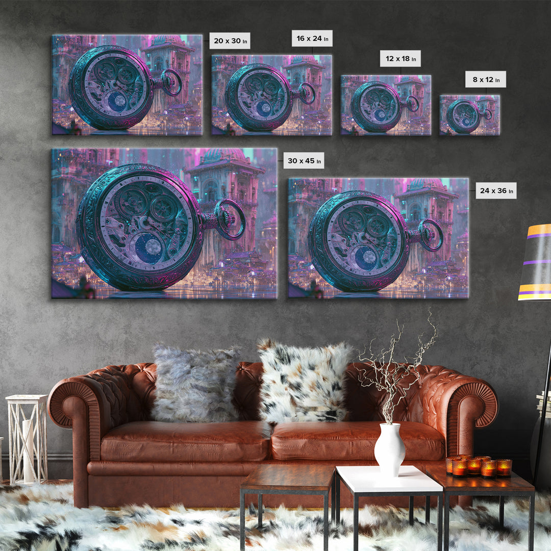Gear Filled Pocket Watch Framed Canvas Print, Steampunk Art, Textured Painting, Living Room Decor, Fine Art, Mechanic, STE-3x2-60