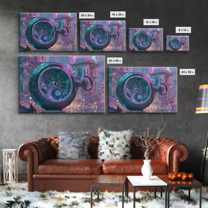 Gear Filled Pocket Watch Framed Canvas Print, Steampunk Art, Textured Painting, Living Room Decor, Fine Art, Mechanic, STE-3x2-60