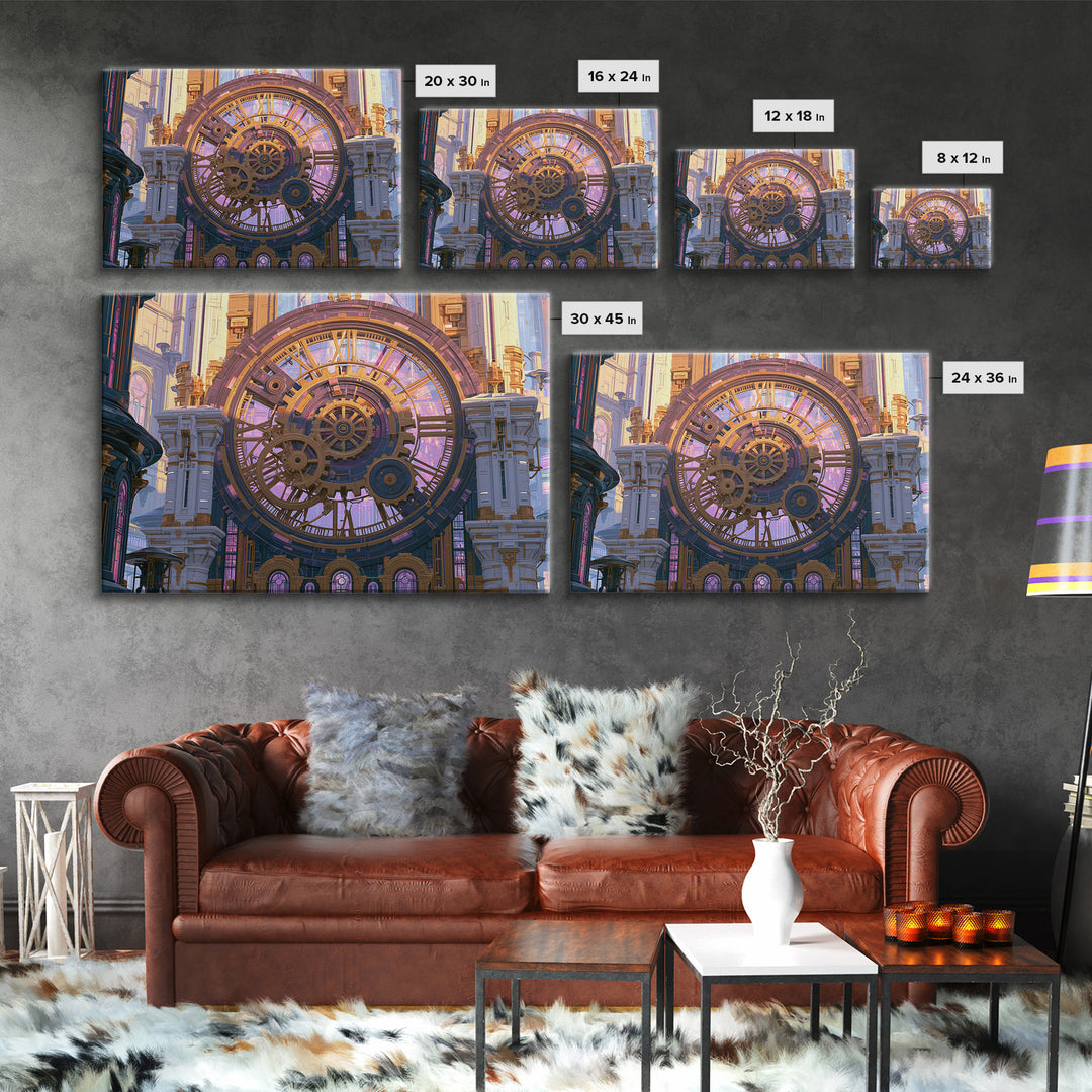 Clock Tower Gears Framed Canvas Print, Steampunk Art, Abstract Art Print, Living Room Decor, Watercolor Art, Mechanic, STE-3x2-65
