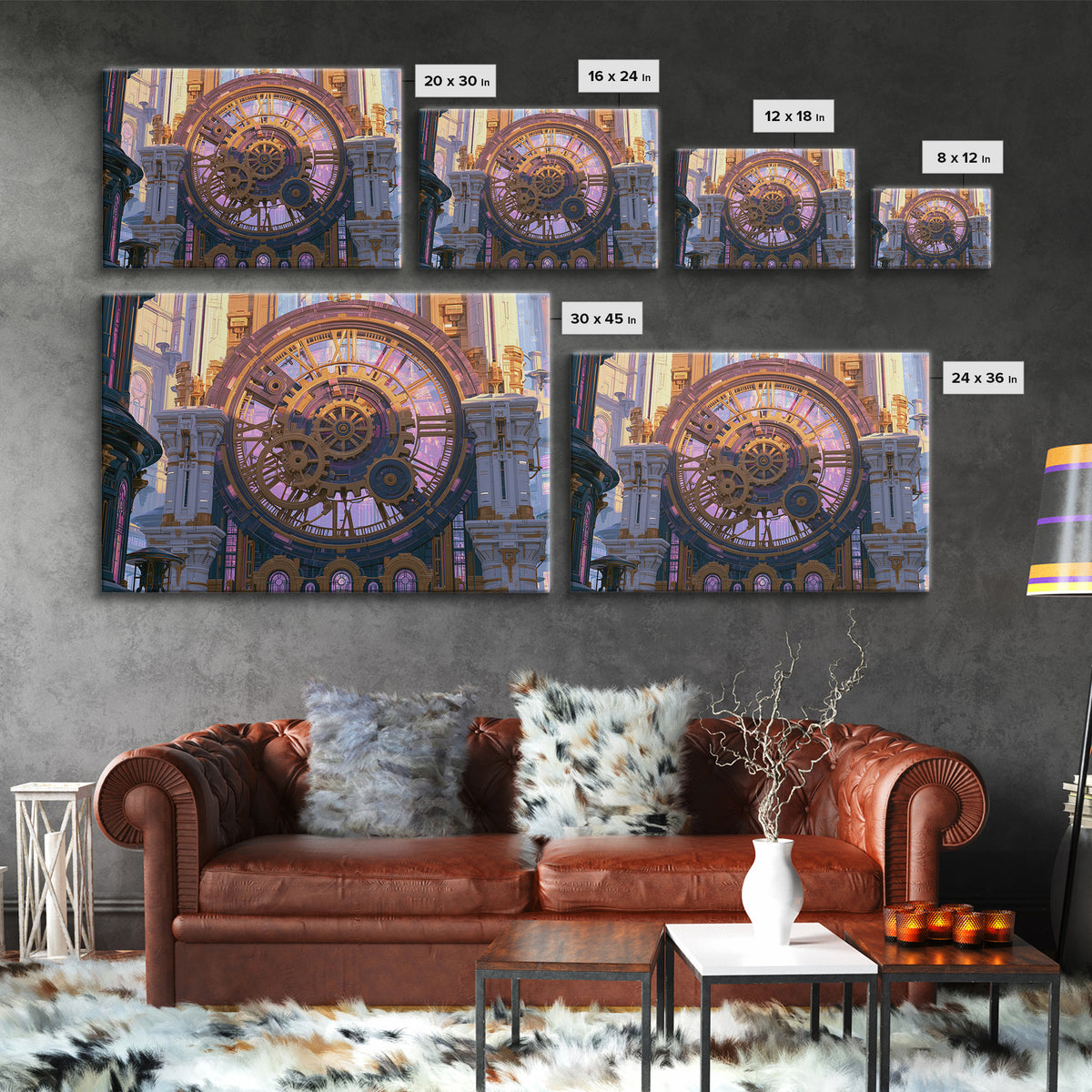 Clock Tower Gears Framed Canvas Print, Steampunk Art, Abstract Art Print, Living Room Decor, Watercolor Art, Mechanic, STE-3x2-65