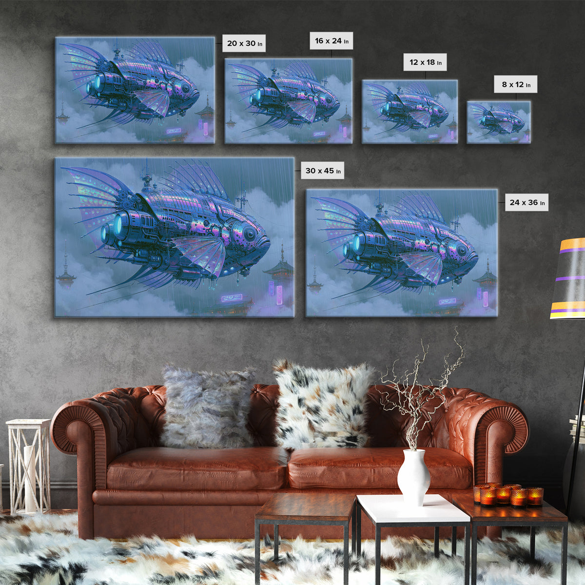 Mechanical Fish Swimming Through Clouds Framed Canvas Print, Steampunk Art, Cat Art, Living Room Decor, Oil Painting, Mechanic, STE-3x2-74