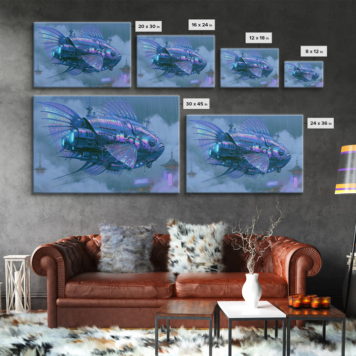 Mechanical Fish Swimming Through Clouds Framed Canvas Print, Steampunk Art, Cat Art, Living Room Decor, Oil Painting, Mechanic, STE-3x2-74
