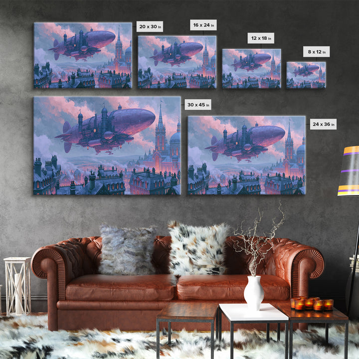 Airship Floating Above Victorian City Roofs Framed Canvas Print, Steampunk Art, Man Cave Decor, Living Room Decor, Mechanic, STE-3x2-78