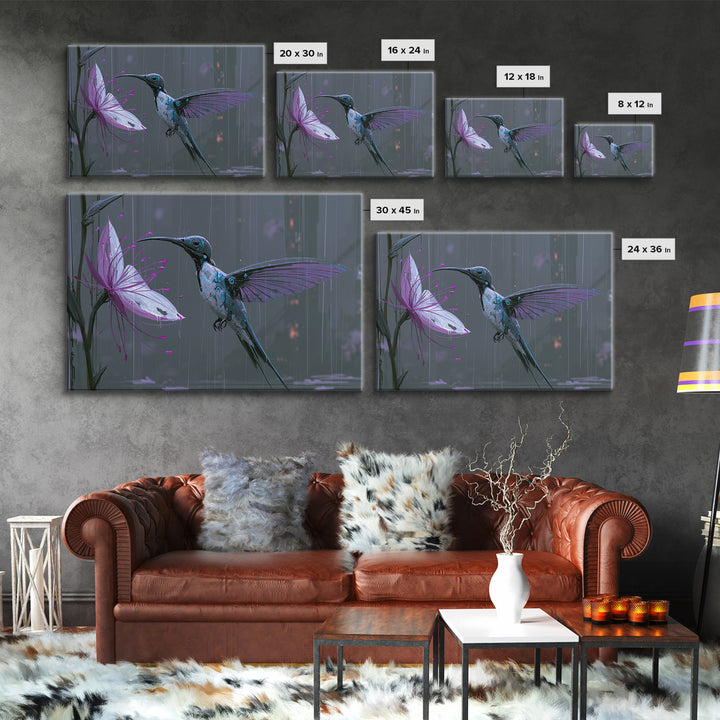 Mechanical Hummingbird Hovering Near Flower Framed Canvas Print, Steampunk Art, Statement Artwork, Living Room Decor, Mechanic, STE-3x2-85