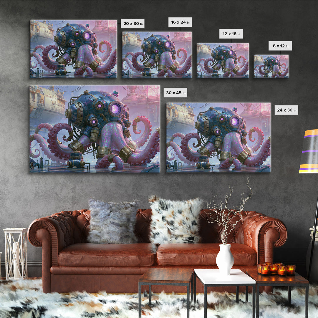 Steampunk Octopus with Brass Tentacles Framed Canvas Print, Steampunk Art, Modern Art, Living Room Decor, Fine Art, Mechanic, STE-3x2-9