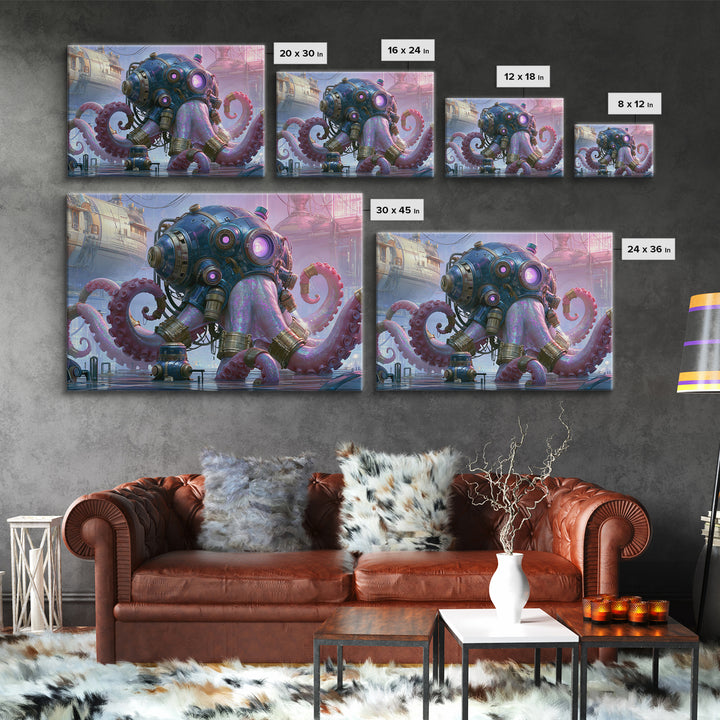 Steampunk Octopus with Brass Tentacles Framed Canvas Print, Steampunk Art, Modern Art, Living Room Decor, Fine Art, Mechanic, STE-3x2-9