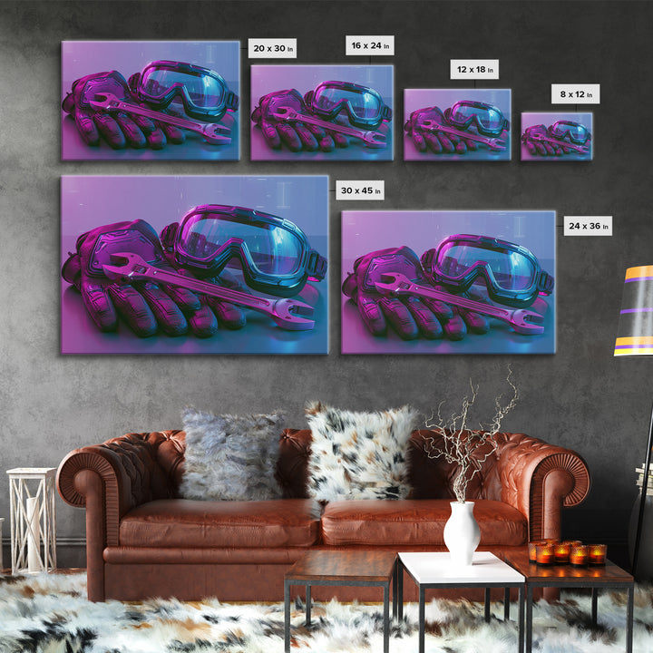 Goggles Gloves and Wrench Still Life Framed Canvas Print, Steampunk Art, Abstract Art, Living Room Decor, Fine Art, Mechanic, STE-3x2-99