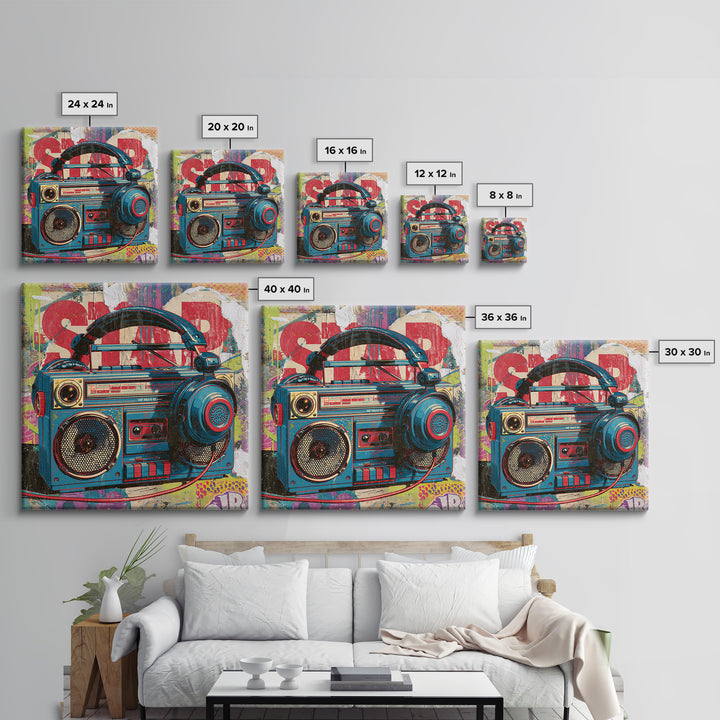 Boombox and Headphones Framed Canvas Print, Street Art, Textured Painting, Living Room Decor, Abstract Art, Urban, STR-1x1-33