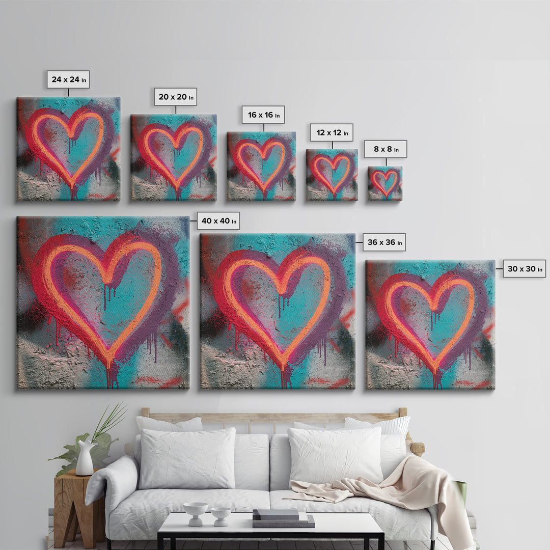 Neon Heart with Rough Drips Canvas Print, Street Art, Modern Art, Living Room Decor, Urban, Neutral Decor, Modern Decor, STR-1x1-35