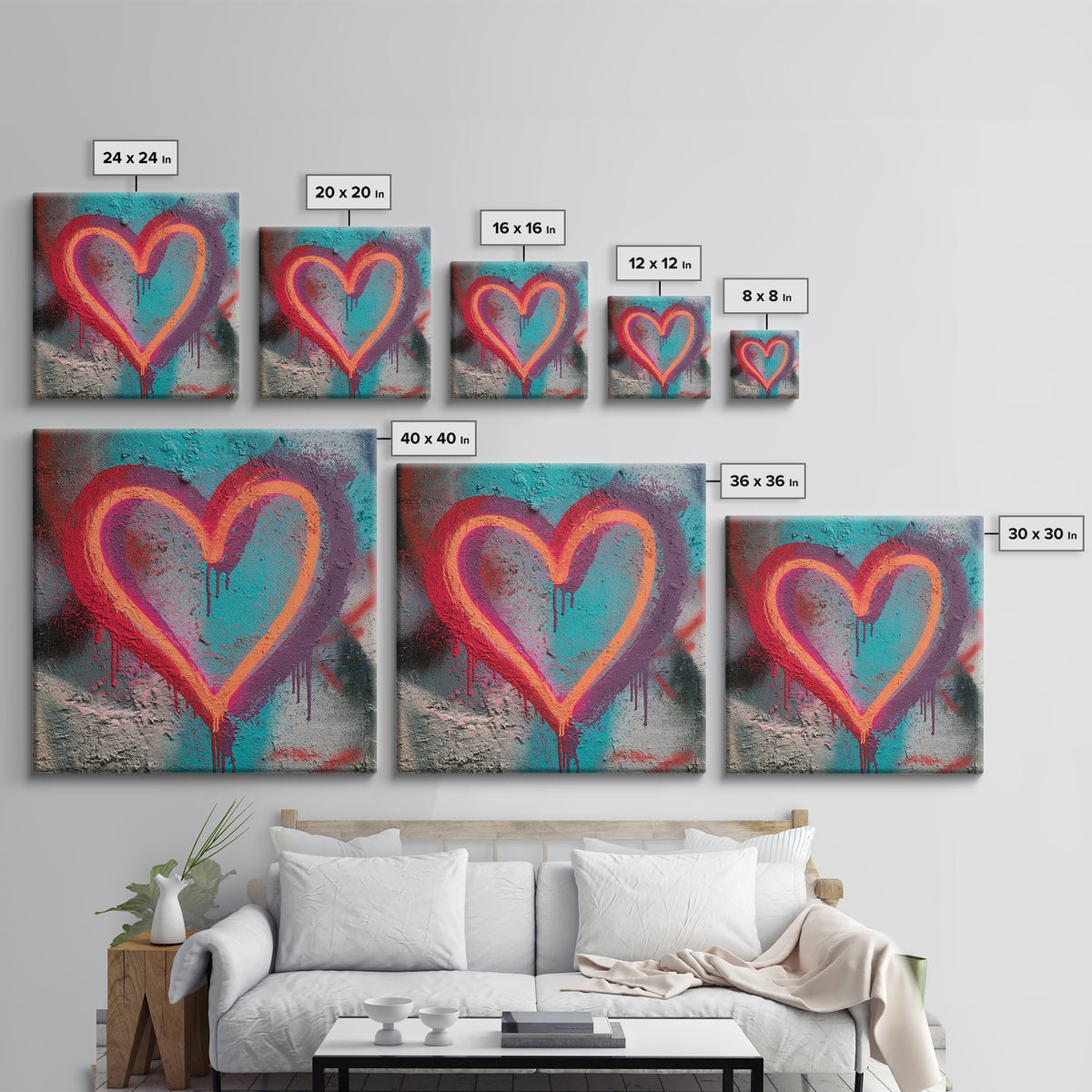 Neon Heart with Rough Drips Canvas Print, Street Art, Modern Art, Living Room Decor, Urban, Neutral Decor, Modern Decor, STR-1x1-35