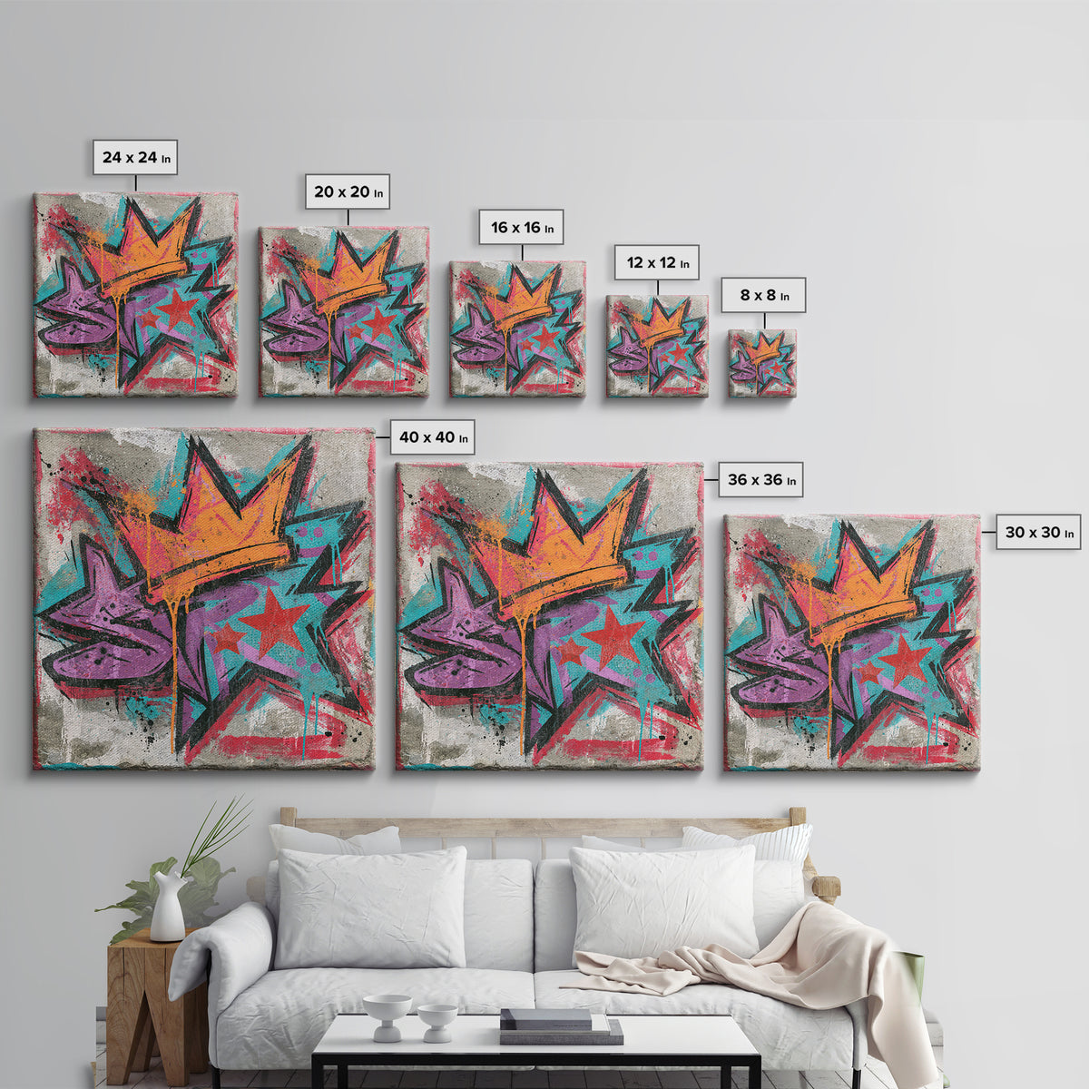 Drippy Crown and Stars Composition Framed Canvas Print, Street Art, Artwork, Living Room Decor, Fine Art, Urban, Pop Art, STR-1x1-44