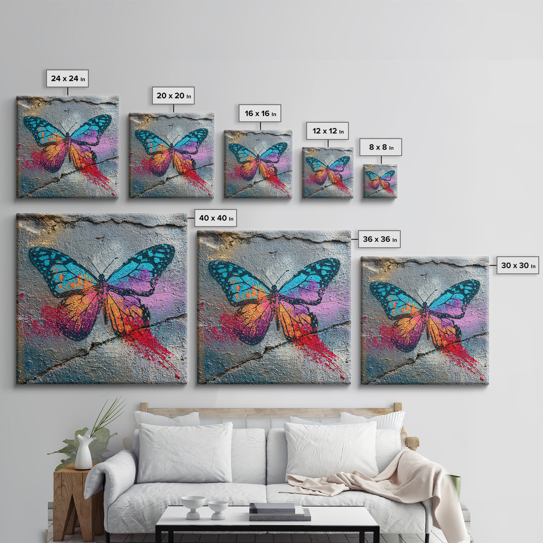Spray Painted Butterfly on Cracked Concrete Framed Canvas Print, Street Art, Modern Wall Art, Living Room Decor, Urban, STR-1x1-47