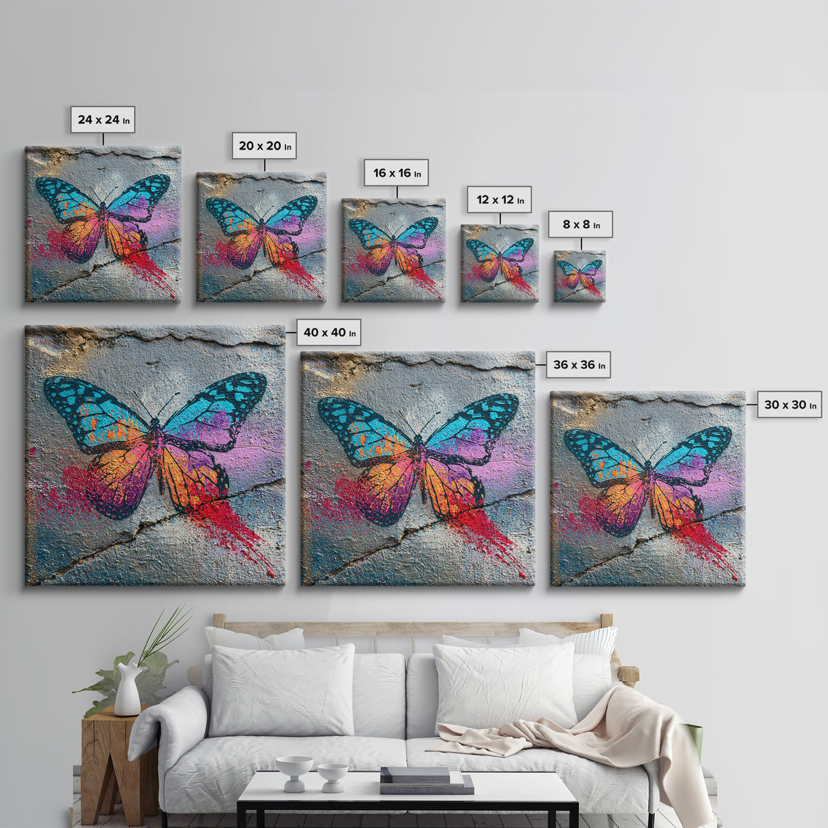 Spray Painted Butterfly on Cracked Concrete Framed Canvas Print, Street Art, Modern Wall Art, Living Room Decor, Urban, STR-1x1-47