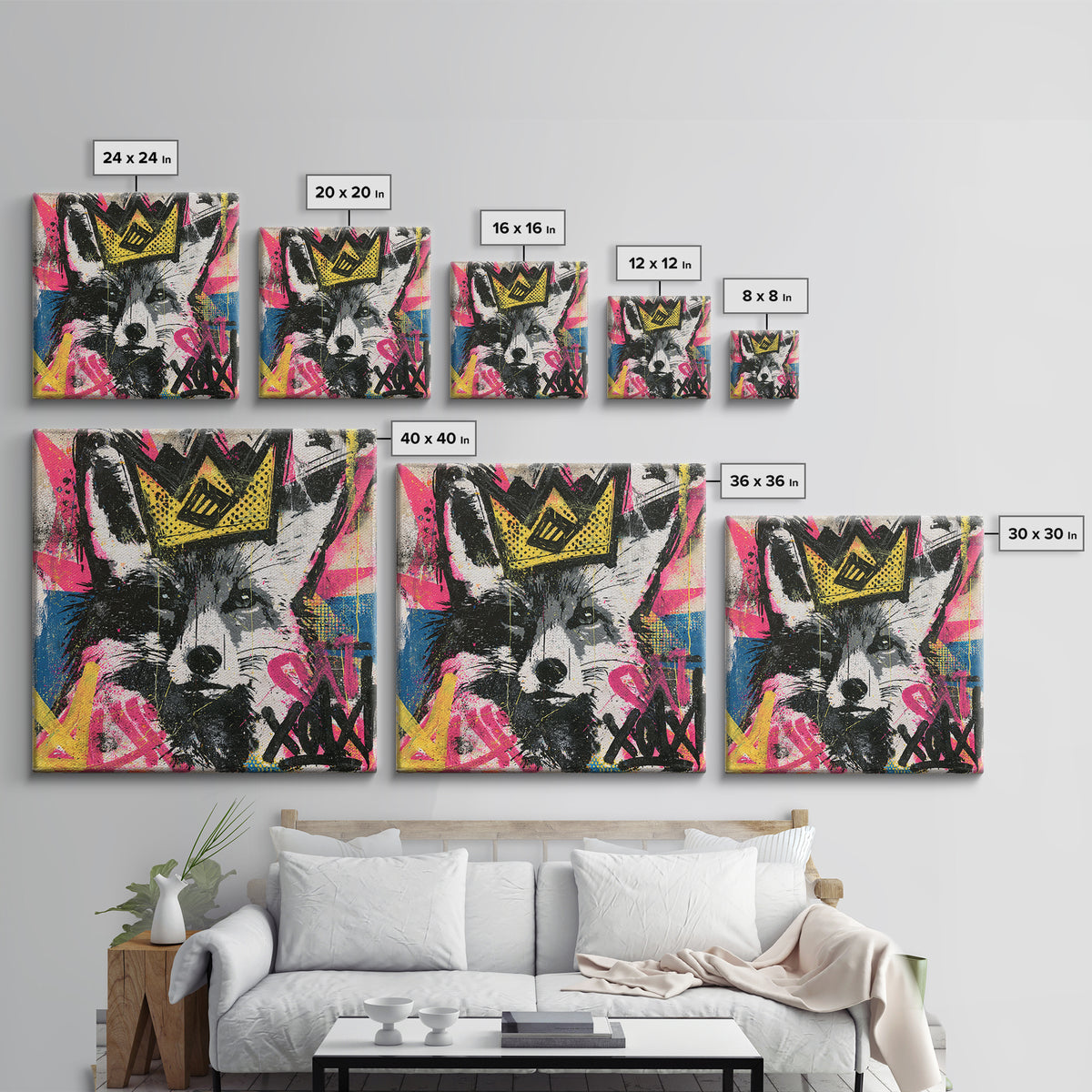 Urban Fox Wearing a Crown of Spray Canvas Print, Street Art, Contemporary Art, Living Room Decor, Fine Art, Urban, STR-1x1-50
