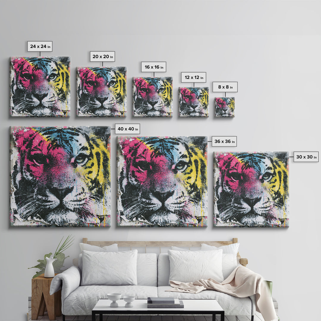 Spray Painted Tiger Face Framed Canvas Print, Street Art, Artwork, Living Room Decor, Fine Art, Urban, Pop Art, Banksy Wall Art, STR-1x1-56