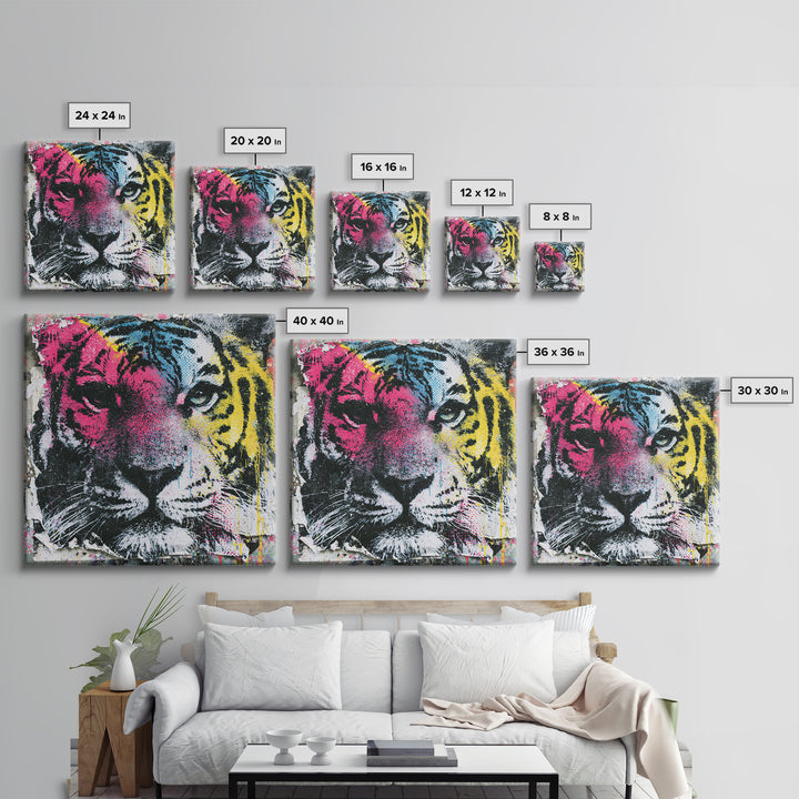 Spray Painted Tiger Face Framed Canvas Print, Street Art, Artwork, Living Room Decor, Fine Art, Urban, Pop Art, Banksy Wall Art, STR-1x1-56