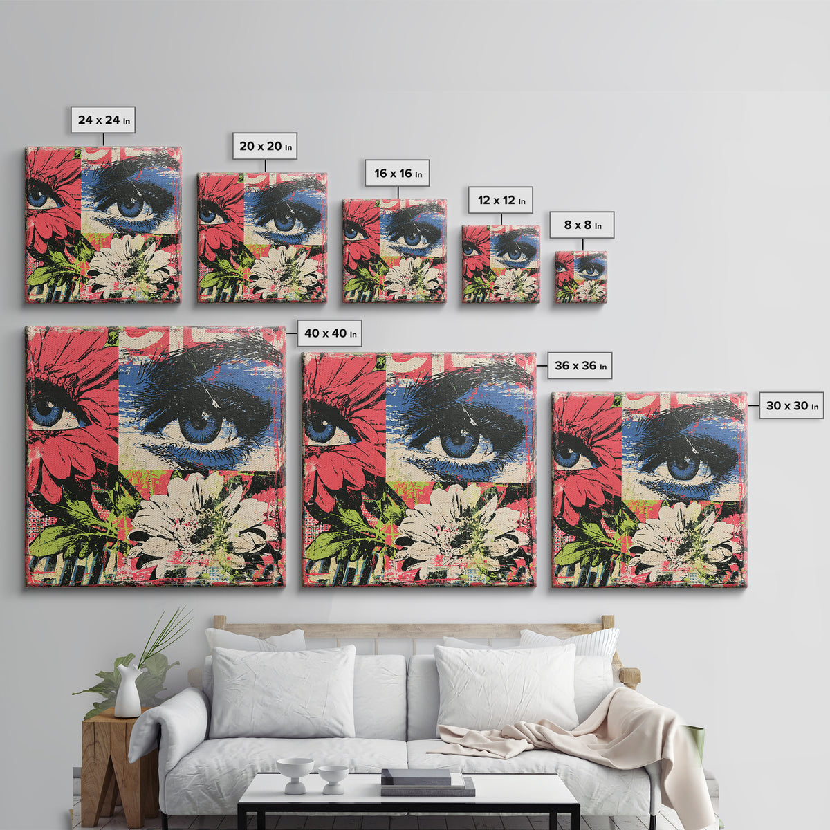 Paste Up Collage of Flowers and Eyes Framed Canvas Print, Street Art, Graffiti Art, Living Room Decor, Fine Art, Urban, STR-1x1-58