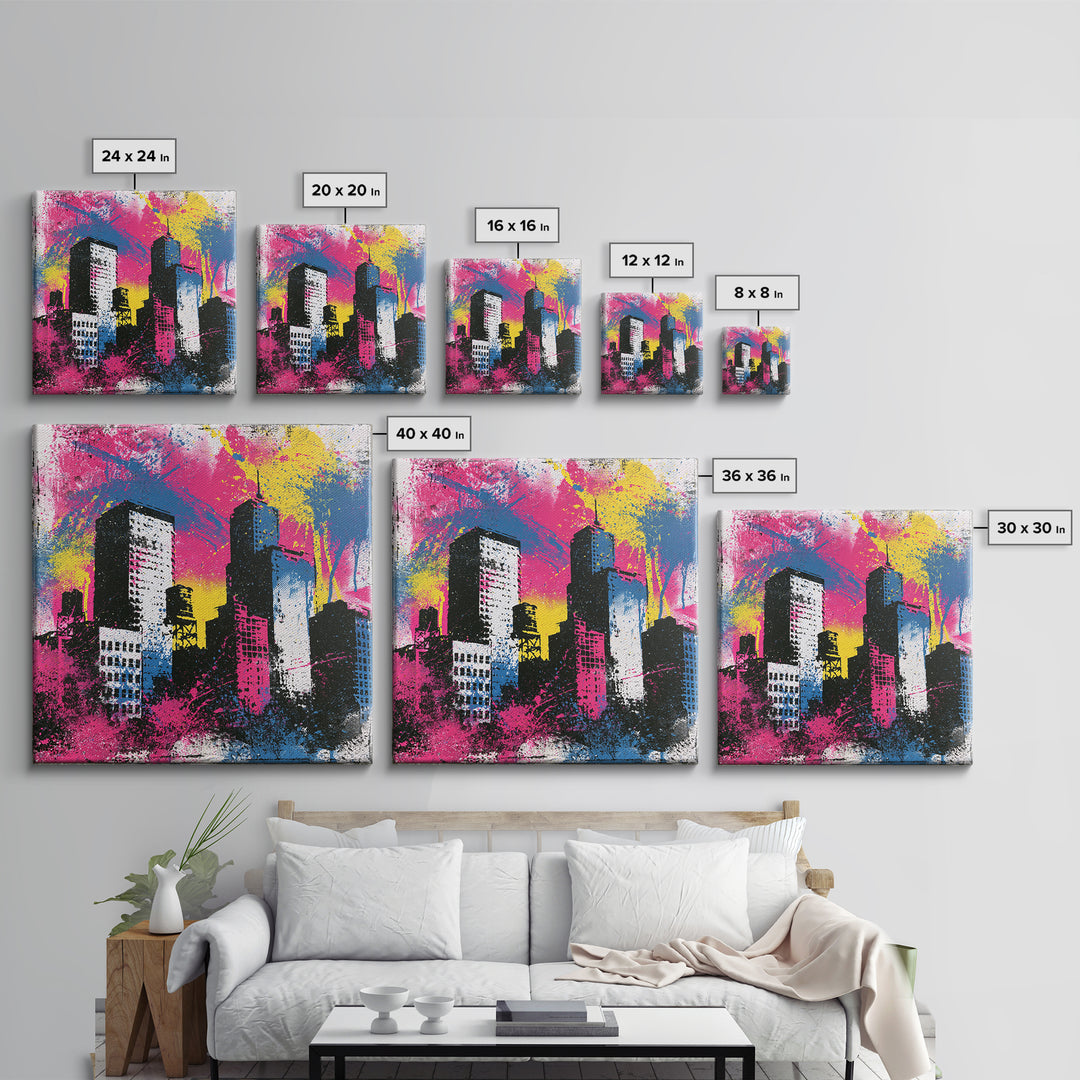 Urban Skyline Made from Stencil Layers Framed Canvas Print, Street Art, Gallery Decor, Living Room Decor, Fine Art, Urban, STR-1x1-62