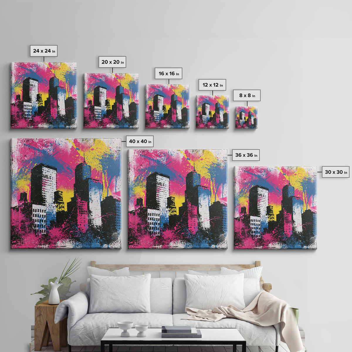 Urban Skyline Made from Stencil Layers Framed Canvas Print, Street Art, Gallery Decor, Living Room Decor, Fine Art, Urban, STR-1x1-62