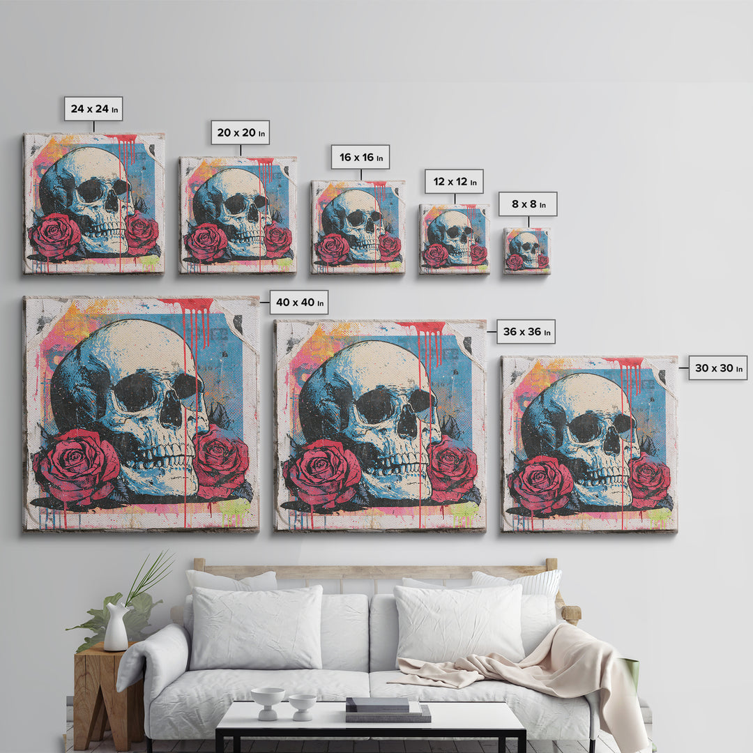Skull with Roses in Street Mural Style Framed Canvas Print, Street Art, Abstract Painting, Living Room Decor, Fine Art, Urban, STR-1x1-64