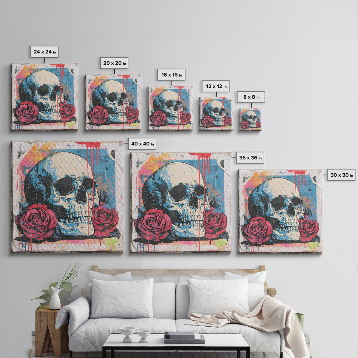 Skull with Roses in Street Mural Style Framed Canvas Print, Street Art, Abstract Painting, Living Room Decor, Fine Art, Urban, STR-1x1-64