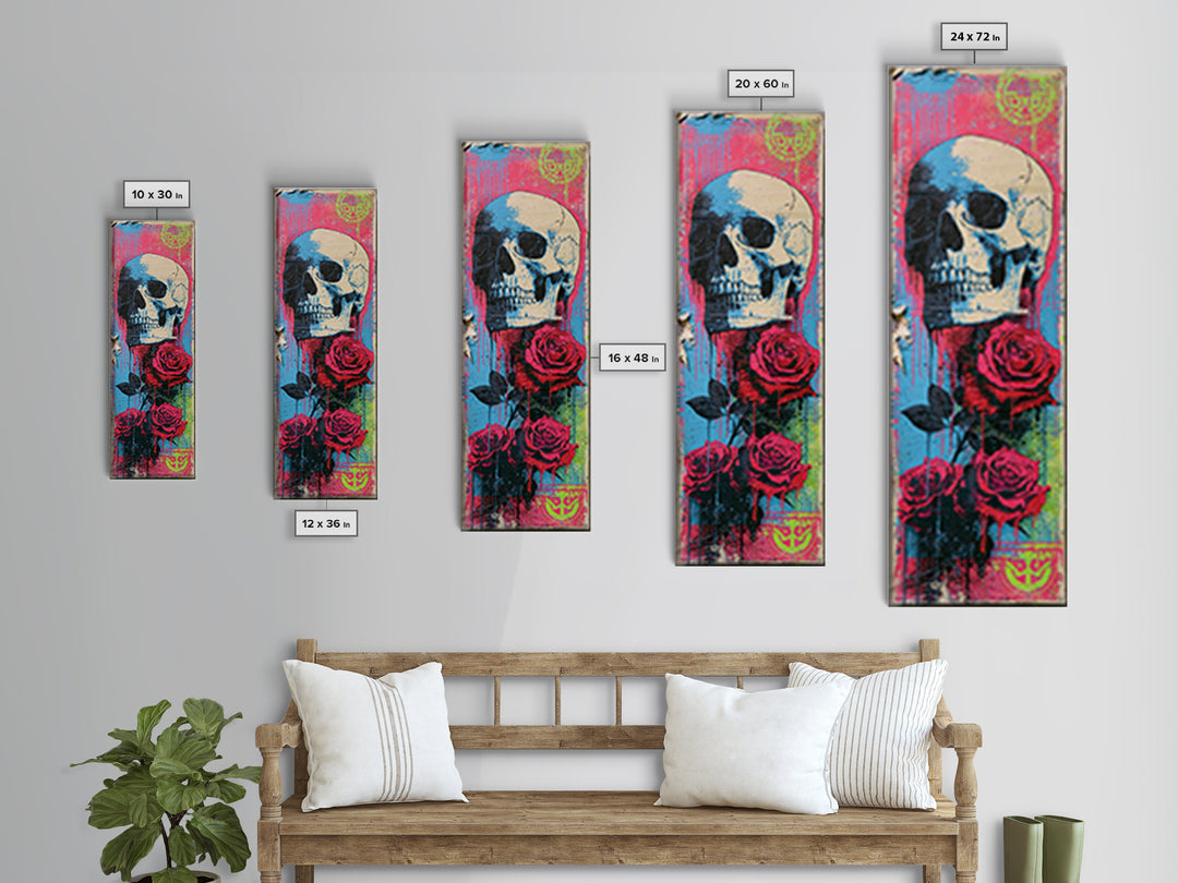 Skull with Roses in Street Mural Style Framed Canvas Print, Street Art, Large Wall Art, Living Room Decor, Fine Art, Urban, STR-1x3-52