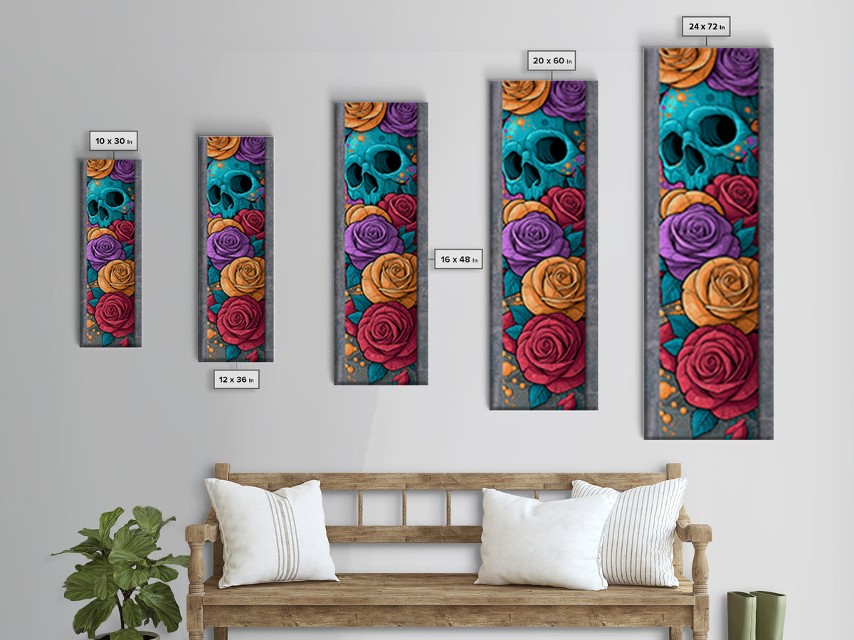 Skull with Roses in Street Mural Style Framed Canvas Print, Street Art, Bar Art, Living Room Decor, Oil Painting, Urban, STR-1x3-76