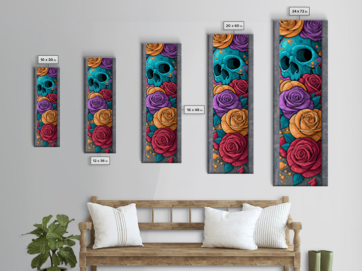 Skull with Roses in Street Mural Style Framed Canvas Print, Street Art, Bar Art, Living Room Decor, Oil Painting, Urban, STR-1x3-76