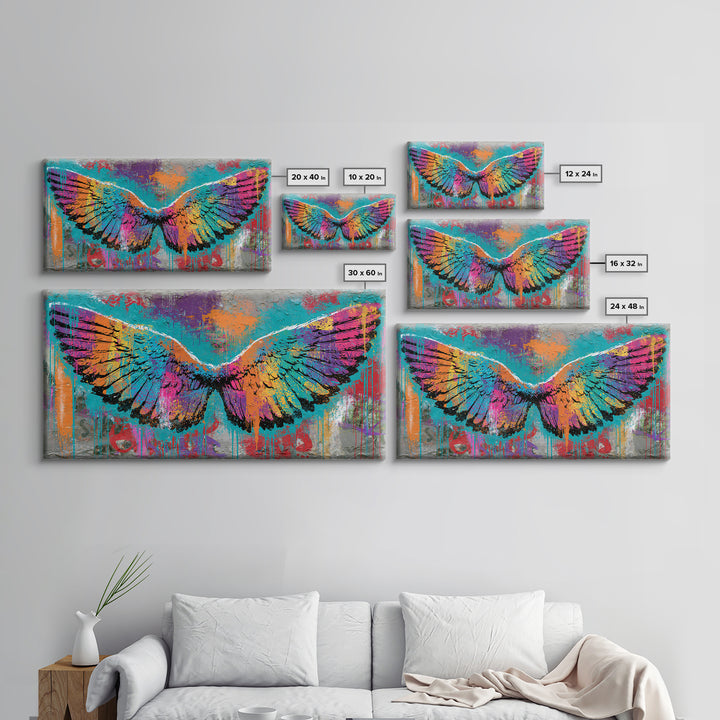 Graffiti Angel Wings Framed Canvas Print, Street Art, Canvas, Living Room Decor, Fine Art, Urban, Colorful Wall Art, Bar Art, STR-2x1-1
